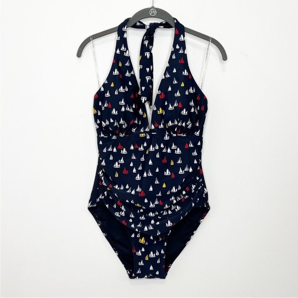 Tommy Hilfiger Navy Blue Sailboat Halter One Piece Swimsuit Women's 10 NWT